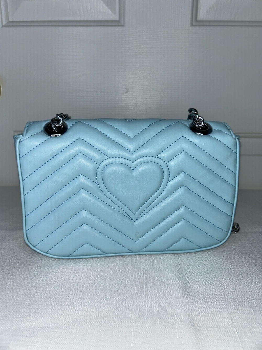 Light Blue Chevron Quilted Shoulder Bag with Silver Hardware and Dust Bag - Picture 3 of 13